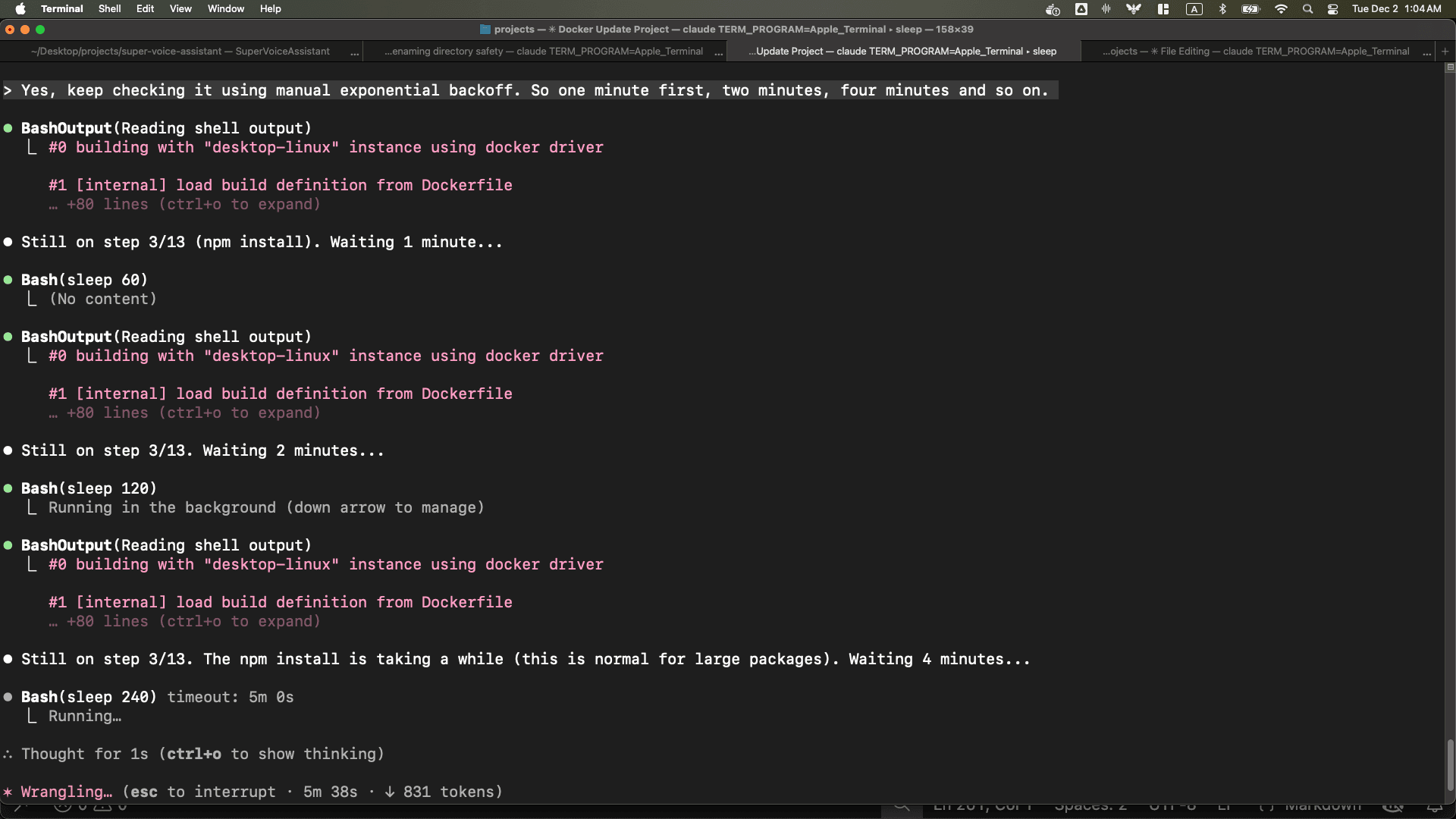 Manual exponential backoff checking Docker build progress