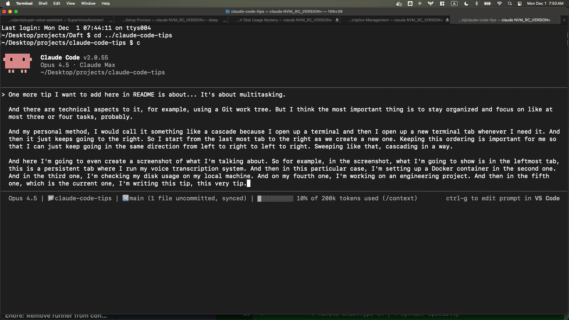 Terminal tabs showing a multitasking workflow