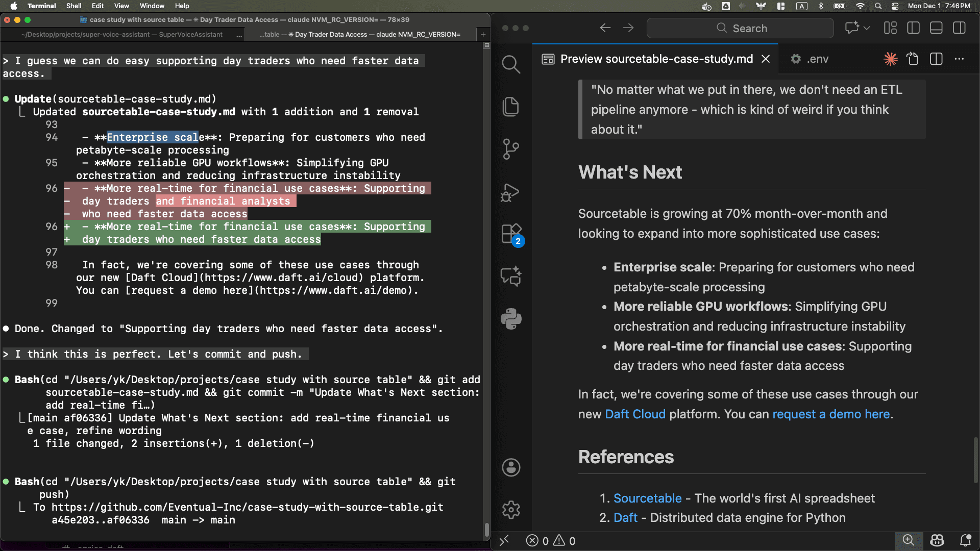 Side-by-side writing workflow with terminal and editor